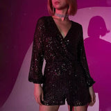 Sequined Long Sleeve Dress Women-Black-8