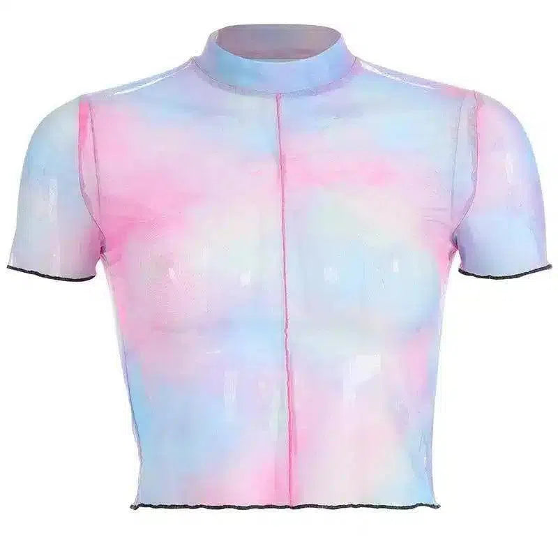 contrast mesh short-sleeved umbilical top-Color-4