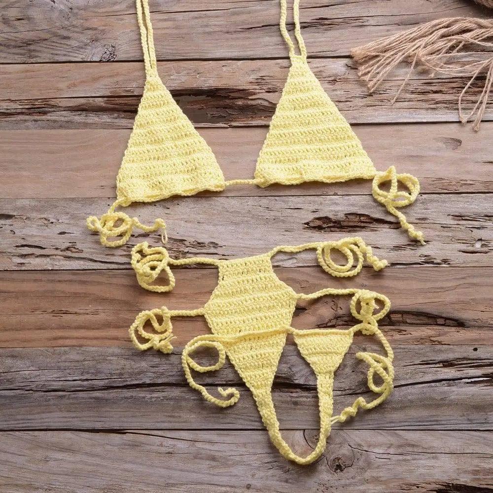 Sexy Hand Woven Beach Bikini Sexy Swimsuit-Yellow-4