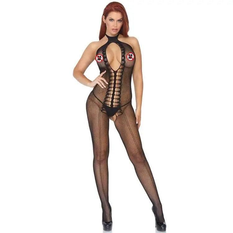 Sexy Lingerie Sexy Deep V Hollow One-piece Net-Black-1