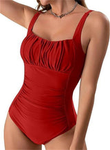 Square Neck One-piece Bikini Summer New Solid Color-Red-12