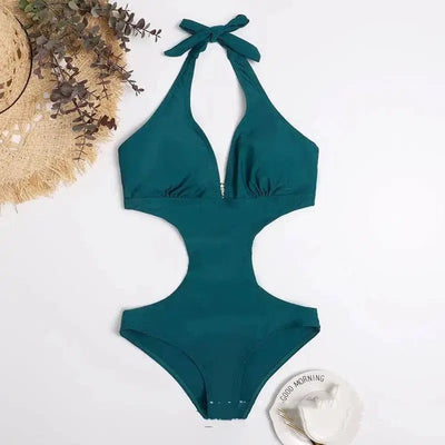 Simple Solid Color Hollow One-piece Bikini Swimsuit-Darkgreen-5