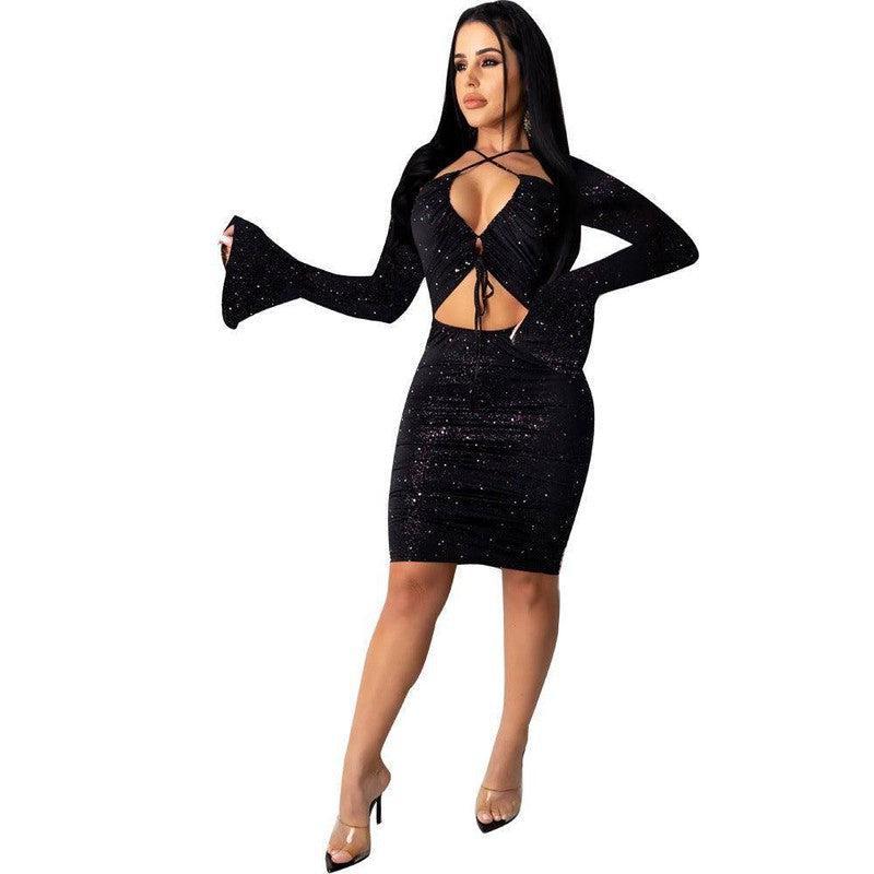 Skinny Hollow-out Bell Sleeve Nightclub Dress-Black-2