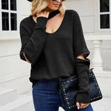 Sleeve Zipper Solid Color And V-neck Halter Sweater For-Black-8