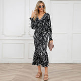 Slim-fit Temperament V-neck Belt Printed Dress Long Fish-2