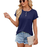 Solid Color Round Neck Button Short Sleeve T-Shirt New Summer Loose Top For Womens Clothing-Navy Blue-6