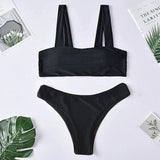 Solid color shoulder split swimsuit women-Black-5