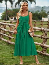 Solid Color Suspender Long Dress Spring And Summer Bow Waist Tie Design Dress Womens Clothing-Green-7