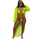 Solid Color Three-Piece Sun Protection Blouse Swimsuit Set-Green-2