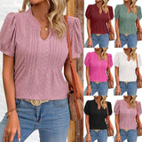 Solid Color V-neck Puff Short-sleeved T-shirt Fashion Summer-1