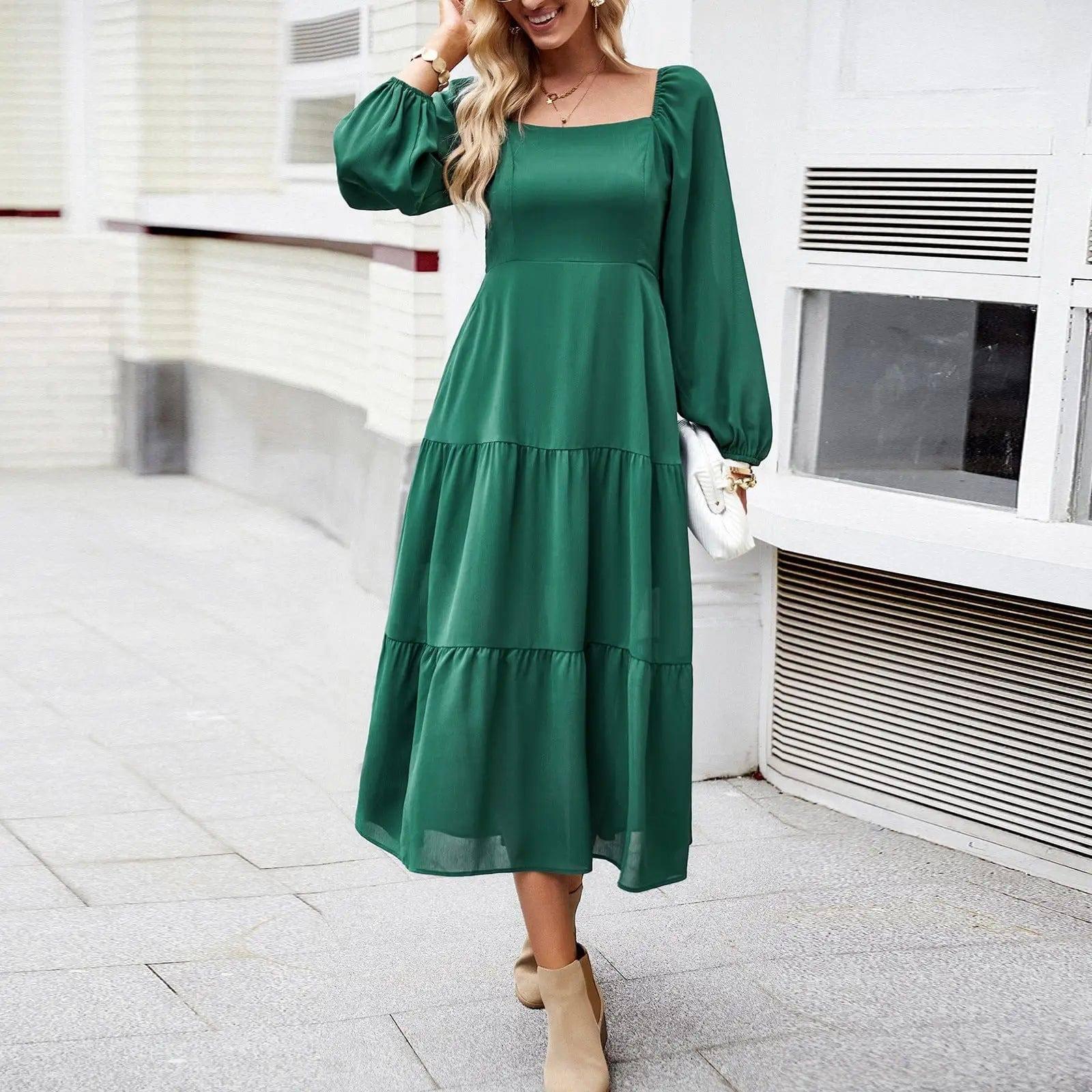 Square Collar Dress Female Temperament Elegant Dress-Green-6