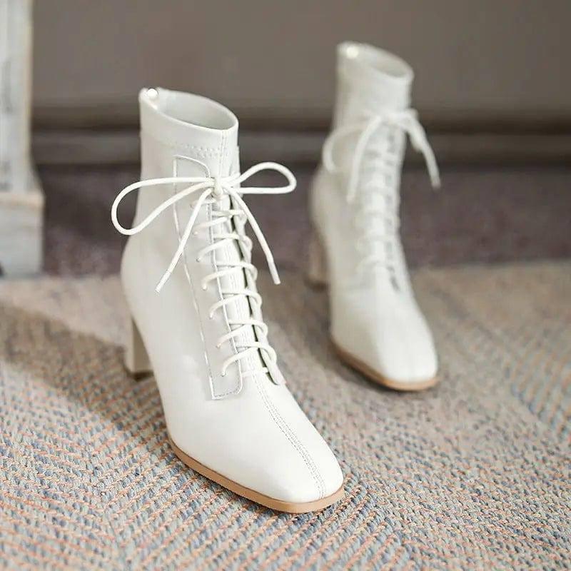 Square Toe High Heel Boots PU Leather Women Ankle Boots-White-5