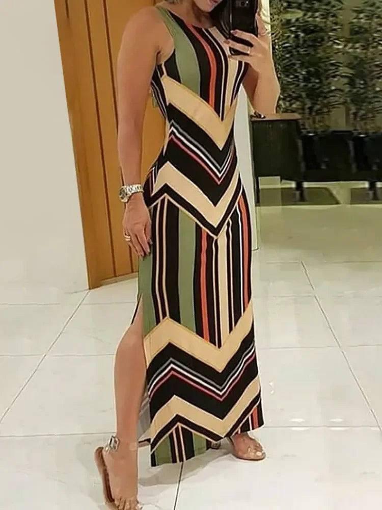 Colorful Striped Print Side Slit Maxi Dress Women-Pattern-1