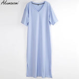 Oversized V Neck Plus Size Women Maxi Dress 4xl 5xl 6xl 7xl 8xl 9xl 10xl Summer Casual Loose Long Korean Harajuku Boho Dresses-Blue-3