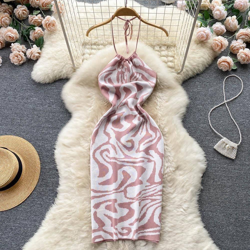 Sultry Backless Knitted Bodycon Dress for Vacation Season-pink-9