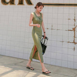 Summer New Ladies Suspenders Split Slim-Fit Round Neck Dress-Green-7