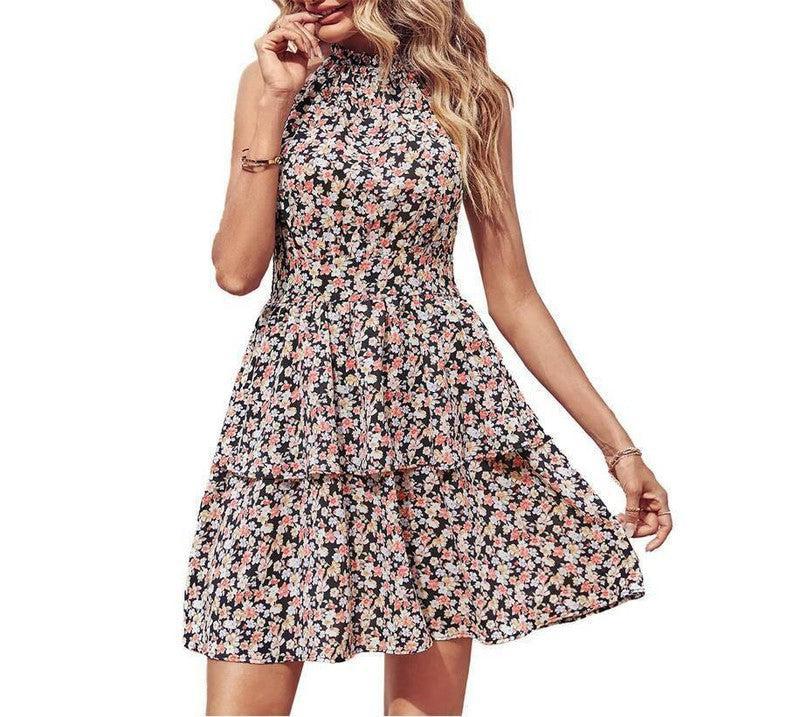 Summer Printed Halter Dress Fashion Boho Backless Ruffled-Black-10