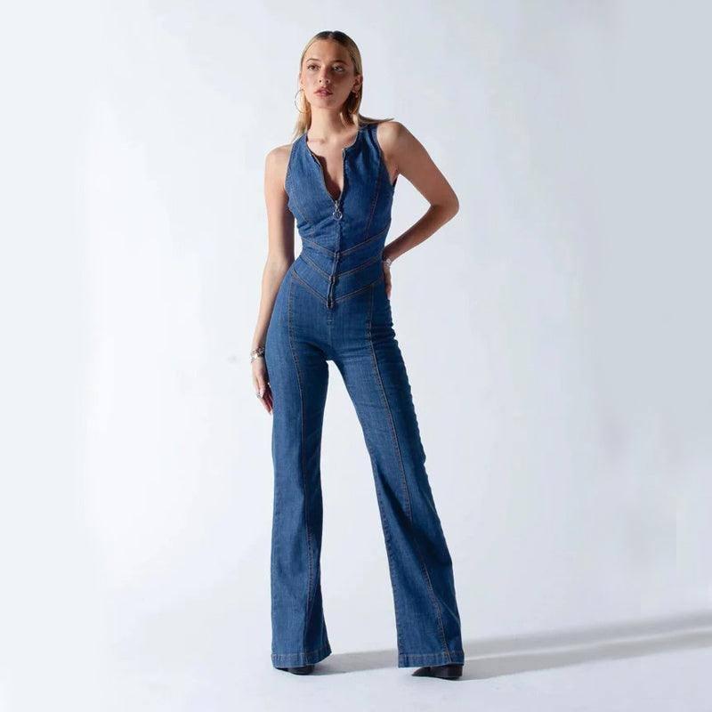 Chic Backless Denim Jumpsuit for Summer-Blue-7