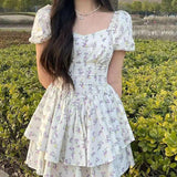 Summer Soft Bubble Sleeve Princess Fragmented Flower Dress-4