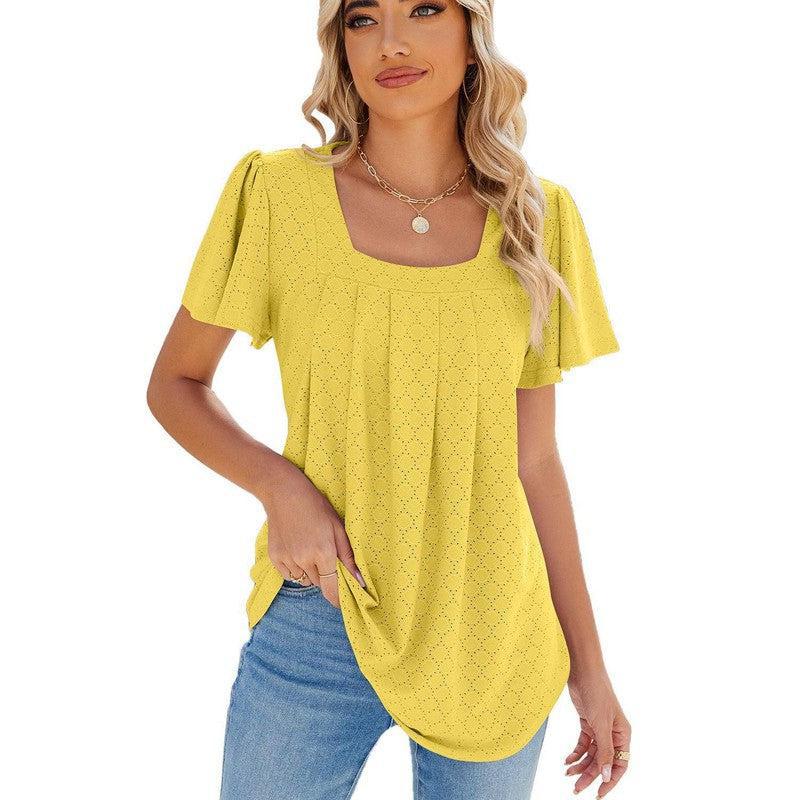 Summer Square Neck Pleated Short-sleeved T-shirt Loose Solid-Yellow-9