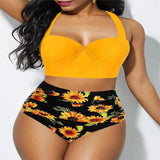 Sunflower print bikini set-Yellow-3