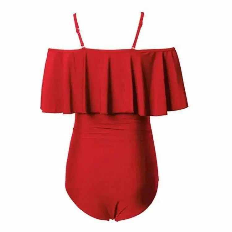 Swimsuit Belly Big Ruffle Oneshoulder Onepiece Swimsuit-Red-4