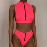 Swimsuit Fluorescent Swimsuit Solid Bikini-Pink-4