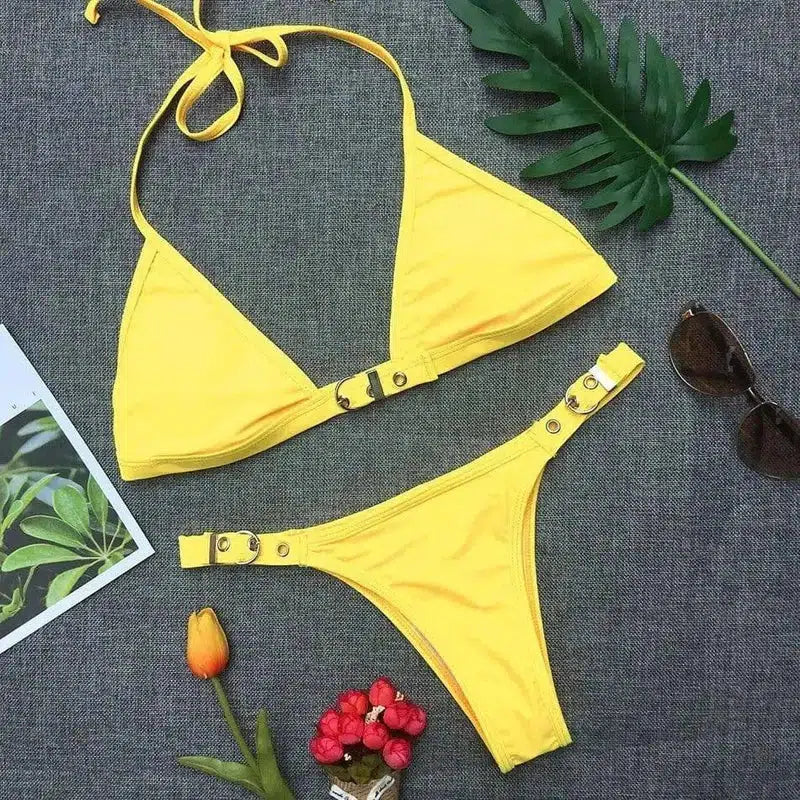 Swimwear Adjust Swimming Suit for Women Bikinis Solid-Yellow-3