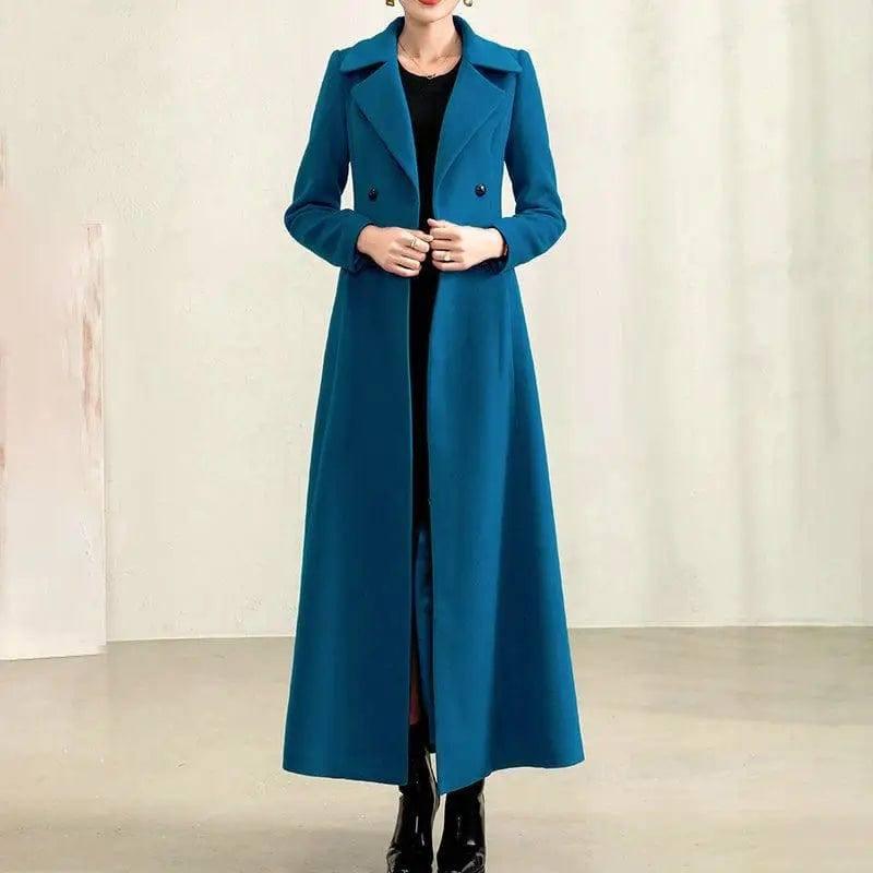 Temperament Double Breasted Solid Woolen Collar Woolen Coat-Lake blue-1