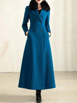 Temperament Double Breasted Solid Woolen Collar Woolen Coat-7