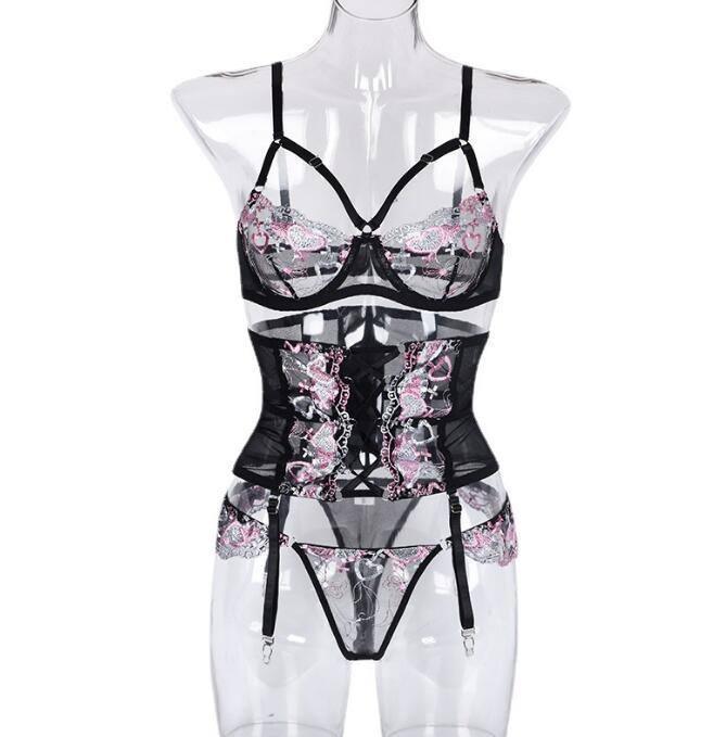 Three Pieces Female Sexy Lingerie Love Embroidery Girdle-4