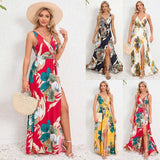 V-neck Floral Print Long Dress Summer Fashion Waist Tie Slit-1