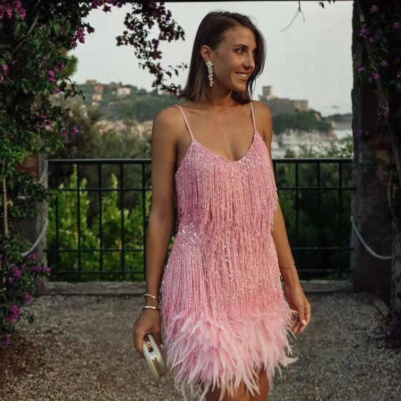 V-neck Strap Feather Stitching Dress-Pink-7