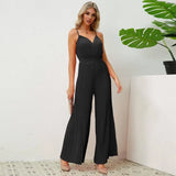 V-neck Suspender Pleated Jumpsuit Solid Color Loose Straight Pants Womens Clothing-4