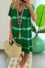 V Neck Tie Dye Print Short Sleeve Dress-Darkgreen-6