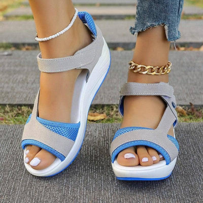 Velcro-design Sports Sandals Summer Color-blocked Wedges-Blue-4