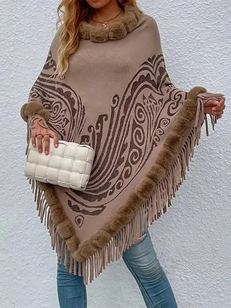 Winter Fur Collar And Fringed Shawl-3