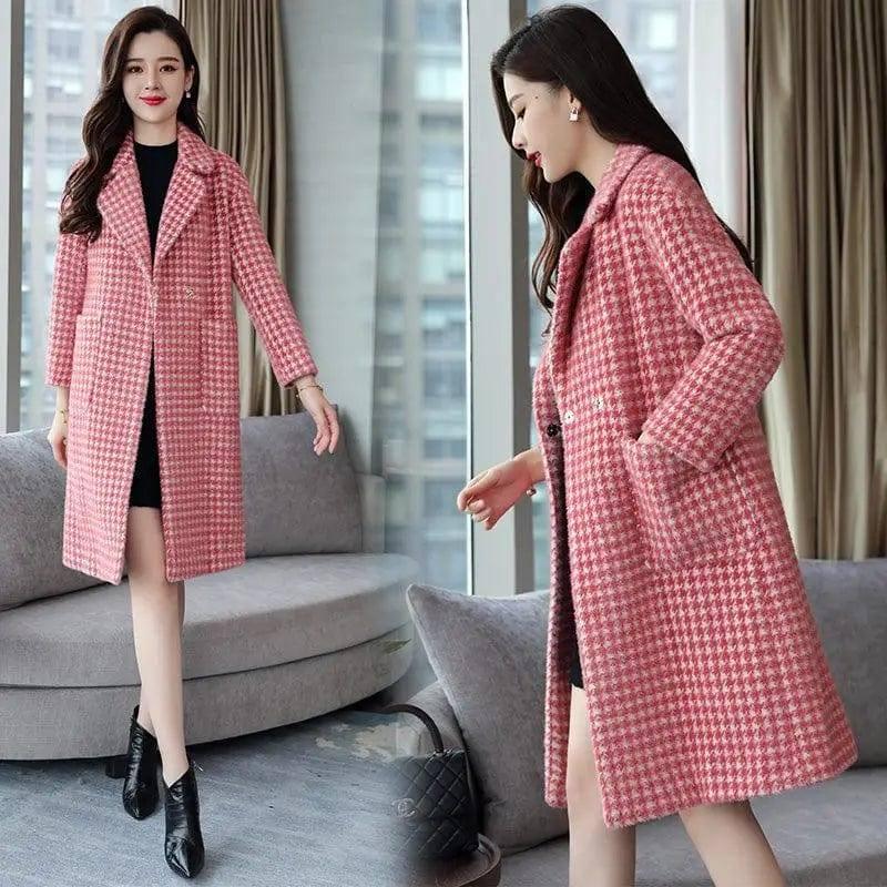 Winter mid-length plaid wool coat with POLO collar-1