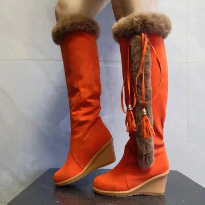 Winter Plush Long Boots For Women Combat Boots Wedges Shoes-Orange-1