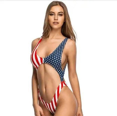 Women Cheeky Deep V Bikini bodysuit one piece swimsuit-Americanflag-4