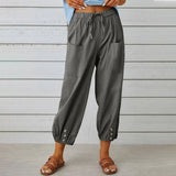 Women Drawstring Tie Pants Spring Summer Cotton And Linen Trousers With Pockets Button-Dark Gray-7