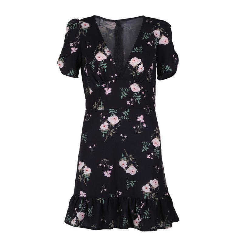 Women Mini Boho Floral Dress Summer Beach Short Sleeve V-2