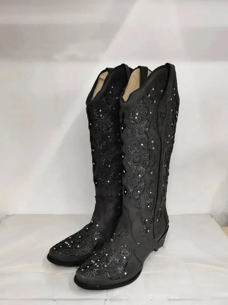 Women Rhinestone Hollow Flower High Boots-Black-2