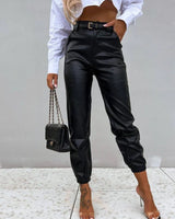 Women's Casual PU Length Leather Pants-Black-4