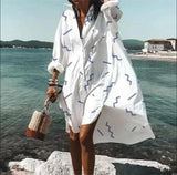 Women's Casual Single Loose Lapel Mid Shirt Dress-White-3