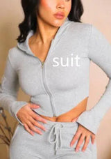 Women's Casual Tight Sportswear Multi-pocket Overalls With Coat And Cap Suit Pants-Gray-12