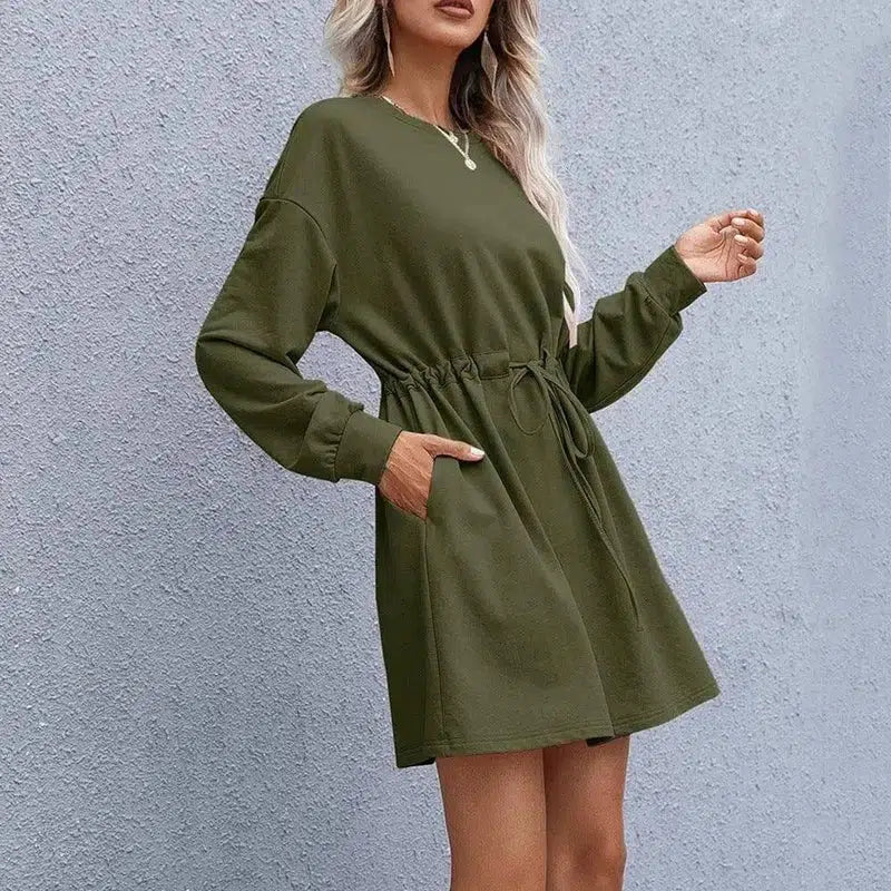 Women's Elegant Round Neck Long Sleeve Loose Dress-Armygreen-4