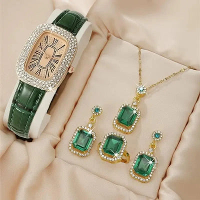 Women's Fashion All-match Diamond Belt Quartz Watch 4-piece Set-12