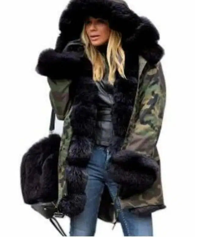 Women's fur collar coat-Army green black-4