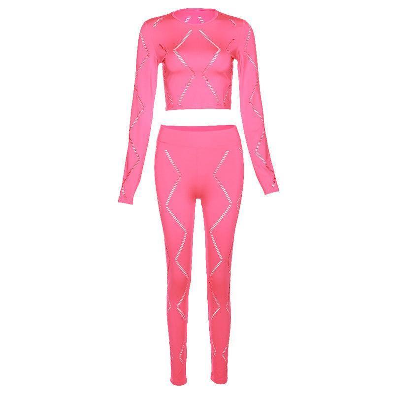 Women's Hollow-out Ripped High Waist Tight Pants Casual Sports Suit-Pink-4